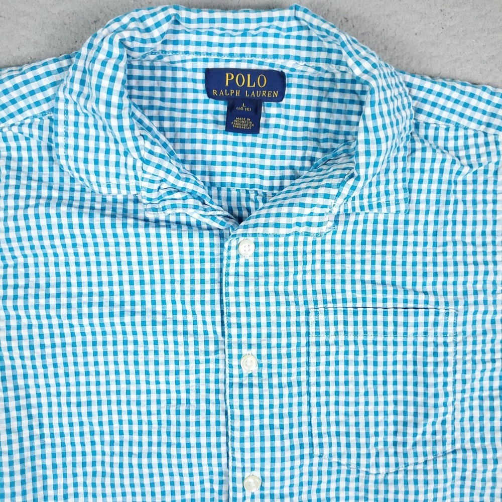 Polo Ralph Lauren Seersucker Blue White Long Sleeve Button Up Shirt Kids Size L